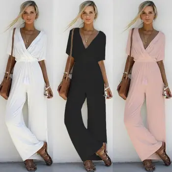 

jumpsuit women rompers short sleeve v neck casual playsuit solid overalls ladies wide leg pants loose romper summer jumpsuits
