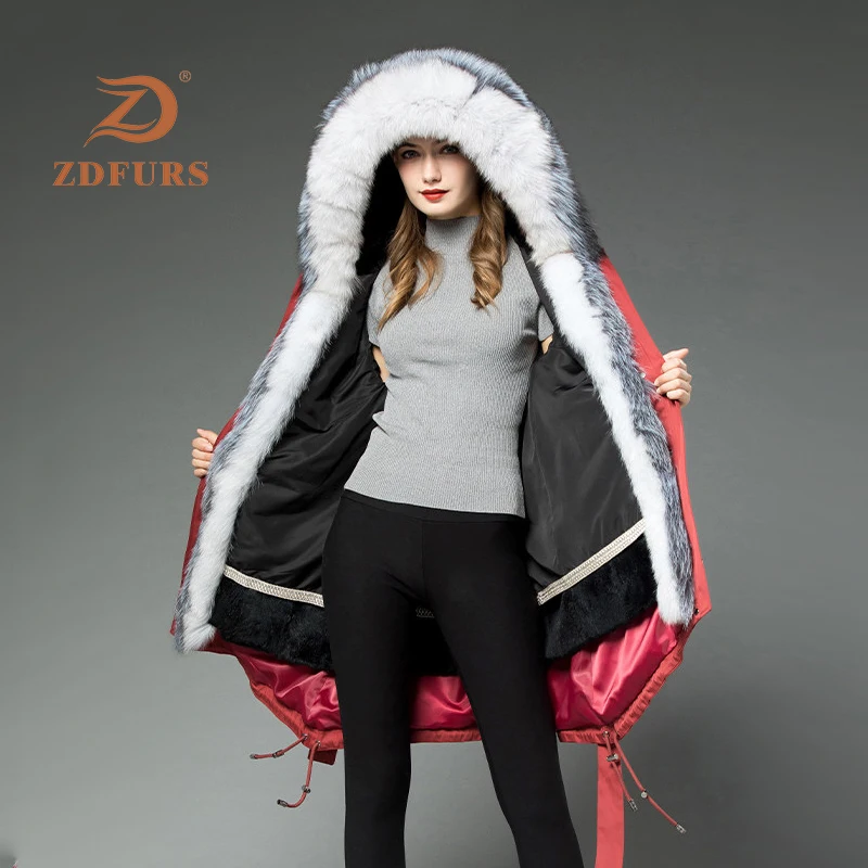 ZDFURS* новая парка из меха кролика Рекс женская зимняя куртка из меха лисы с капюшоном в полоску пальто Меховая куртка длинная съемная внутренняя теплая