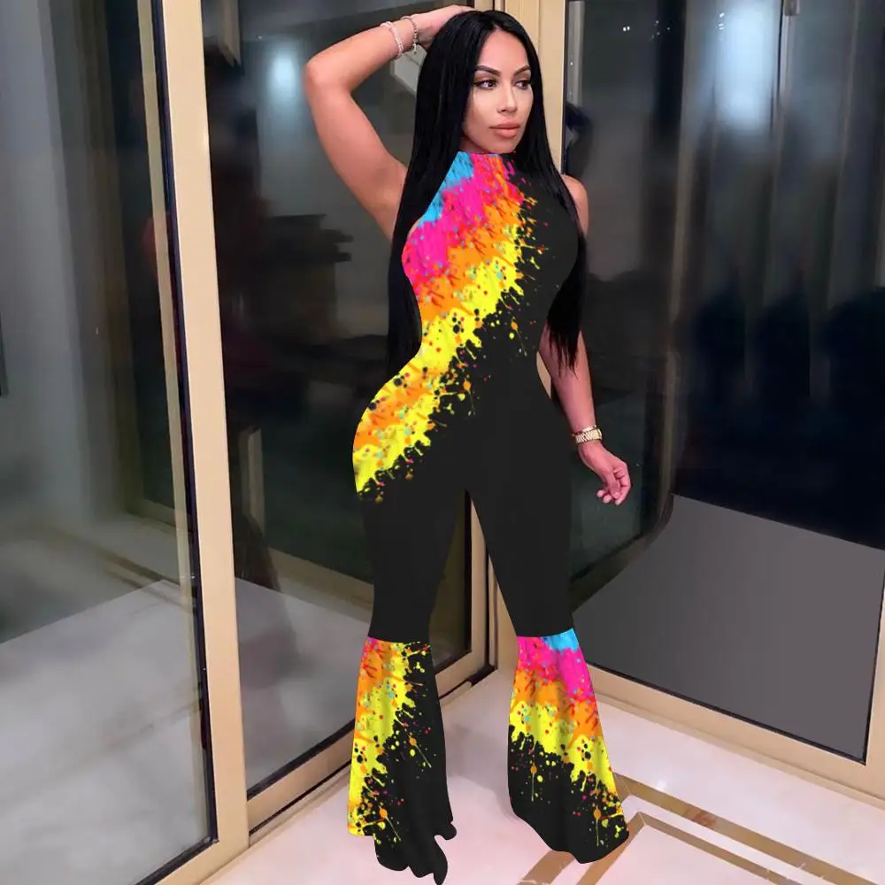 

BKLD Sleeveless Skinny Summer Rompers Womens Jumpsuit O-Neck Sexy Flare Pants 2023 New Fashion Print Jumpsuit One Piece Outfits