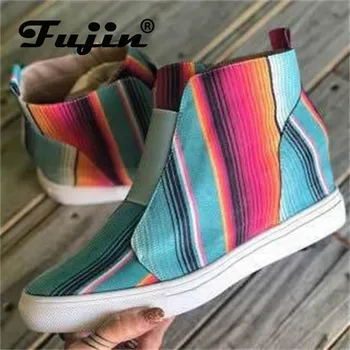 

Fujin Women Short Boots Fashion 2020 Side Zipper Ankle Boots Colored Cloth Flat Bottom Breathable Height Increasing Women Shoes