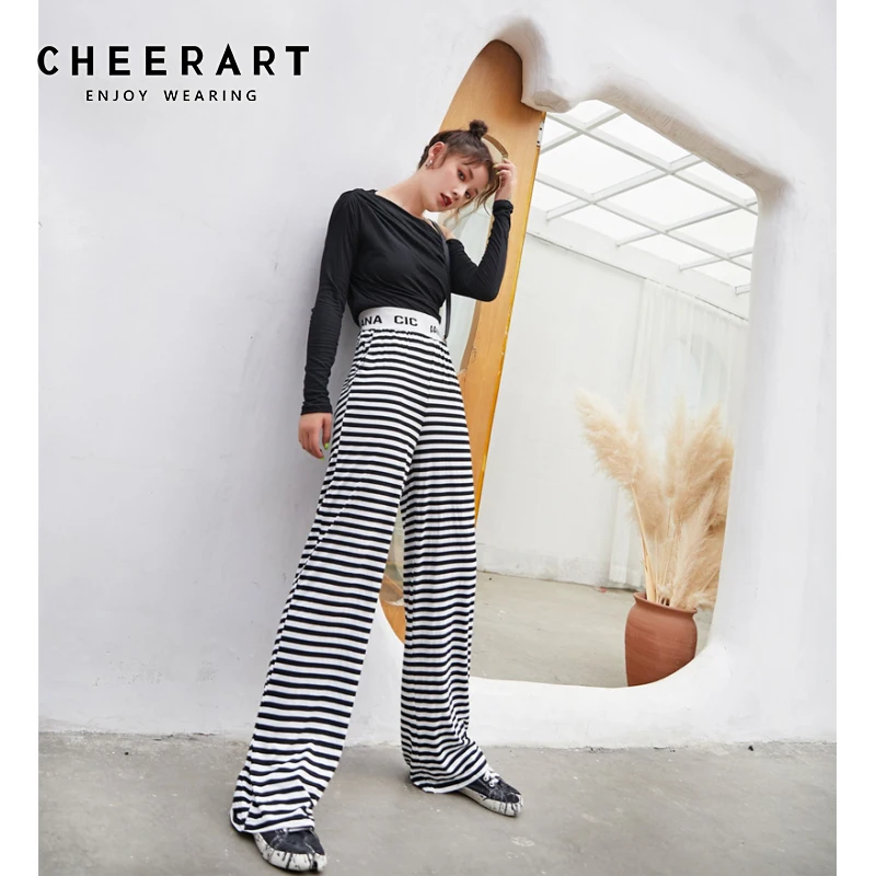 

CHEERART Striped Wide Leg Pants Women Loose Trousers Black And White High Waist Knitted Palazzo Pants Streetwear
