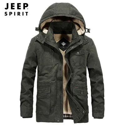 JEEP SPIRIT/брендовая зимняя куртка для мужчин с капюшоном и воротником; толстая теплая шерстяная теплая парка; мужская шапка и подкладка; съемная парка; Hombre - Цвет: Армейский зеленый