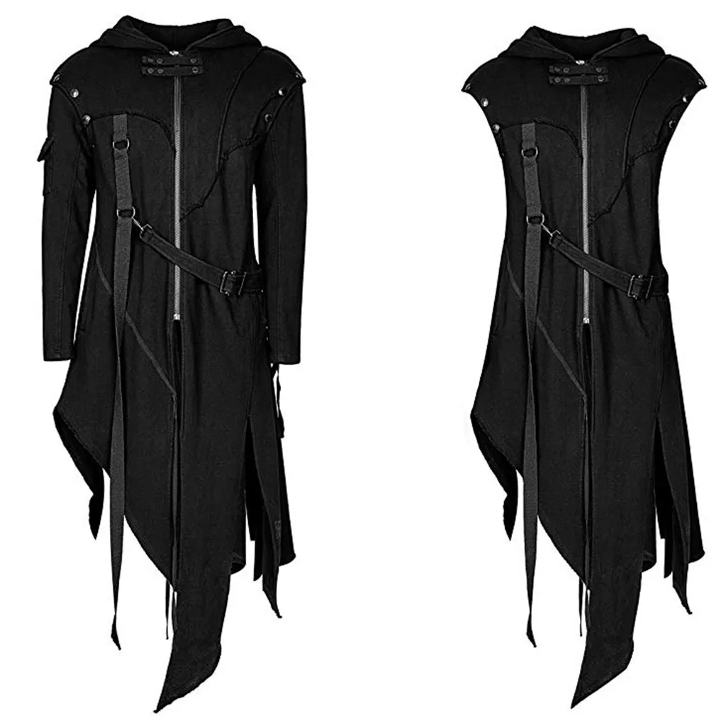 Men's Zipper Trench Asymmetrical Hoodie Jacket Retro Punk Style Irregular Party Outwear For Men Cappotto