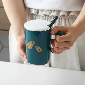 

Nordic Ins Gold Rim Ceramic Cup Modern Light Luxury Coffee Mug with Lid Scoop Large Capacity Breakfast Mugs Office Drinking Cups