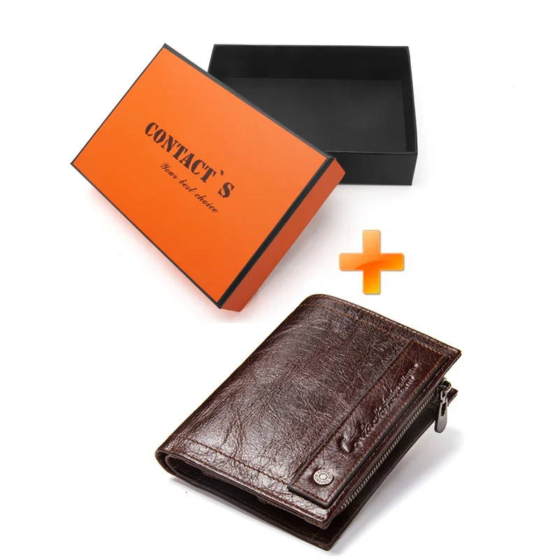 Contact's New Genuine Leather Men's Wallet Short Coin Zipper Pocket Card Holder Male Walet Slim Man's Purse Small Portemonnee - Цвет: coffee a box