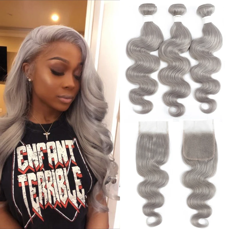 Brazilian Body Wave Bundle With Closure 4x4 Silver Grey Color 3 Bundles With Closure Gray Remy 100% Human Hair Bundles KEMY