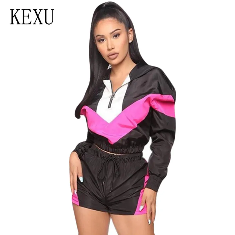 

KEXU Running Sportswear 2 Pieces Sets Long Sleeve Hooded Top and Short Pants Autumn Casual Patchwork Tracksuit Sports Jumpsuits