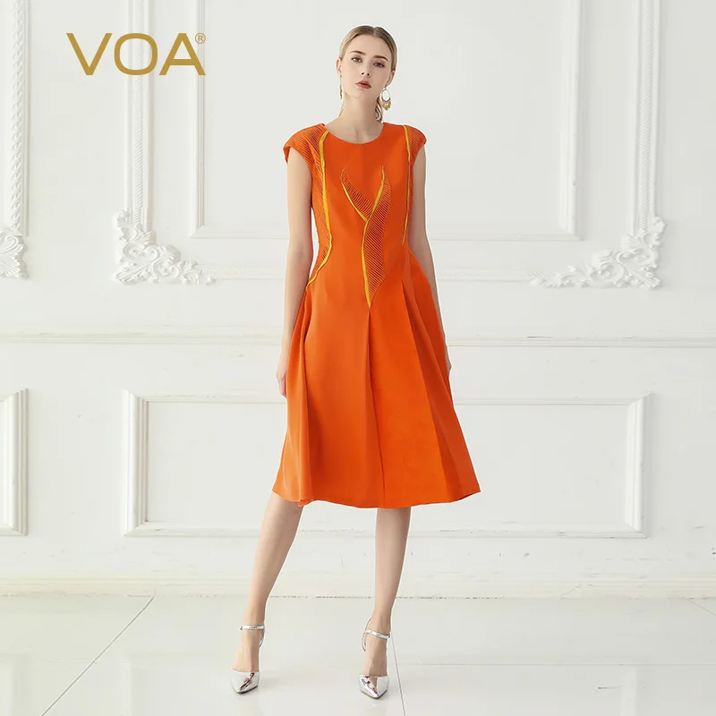 

VOA Silk Dress Orange Round Neck Girdle Slim Fit Europe and America Sleeve Silk Silk Swing Midi Dress A991