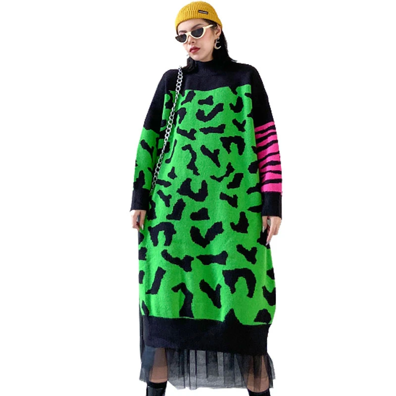 QING MO Frauen Leopard Gedruckt Kleid 2020 Frauen Mesh Patchwork Kleid 