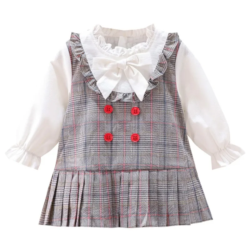 Dress1-7T для маленьких девочек Милая одежда для маленьких девочек милое платье принцессы в клетку с фальшивым принтом, длинный рукав до основания