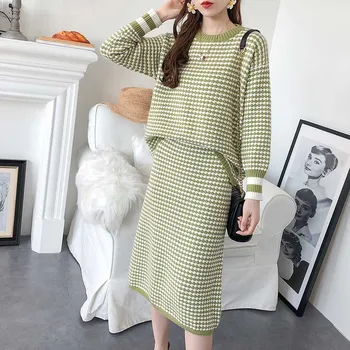 

Fashion Autumn Women Knitting Two Piece Set Plaid Pullover Sweater + Knit Skirt 2 Pieces Sets Elegant Knit Matching Suits