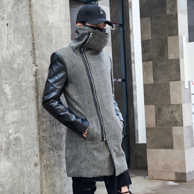 Guo-Chao Tang New Winter Hipster Hip-hop Dark Slim Thick Coat Personality zipper Splice Streetwear Overcoat Drop Shipping