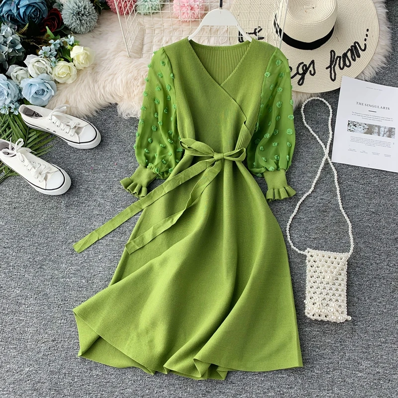 

New Autumn Knitted Dresses Women's Chic 3 Quarter Chiffon Sleeve V-Neck Sashes Sweater Vestidos Vintage Female Dress