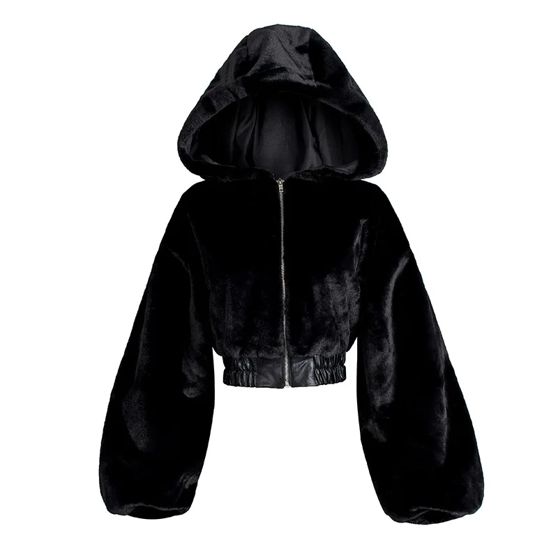 Winter Faux Rabbit Fur Bomber Jacket Teddy Jacket Zipper Streetwear High Waist Furry Hooded Plush Jacket Cardigan Wool Parka