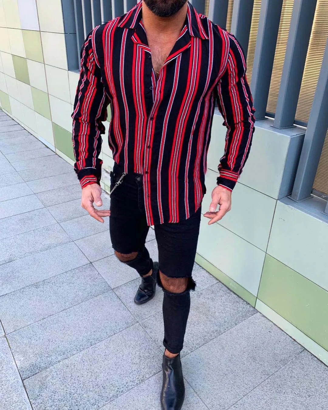 

2019 Fashion Men's Striped Shirts Long Sleeves Turn Down Collars Button Front Streetwears Autumn Spring Casual Business Shirts