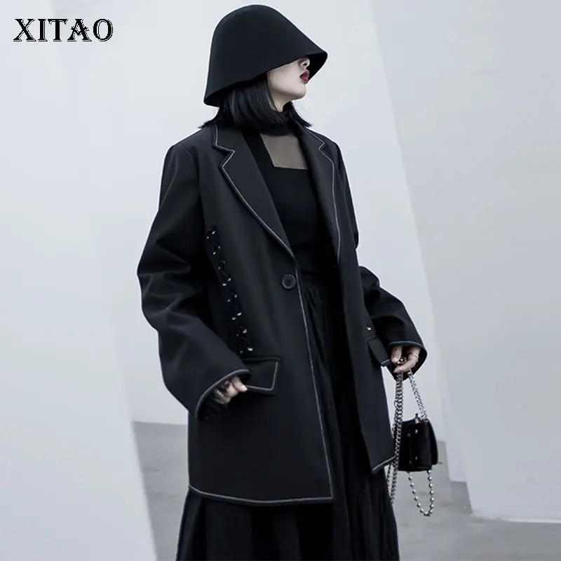 

XITAO Tide Personality Bandage Black Blazer Women Clothes 2020 Sprint New Fashion Notched Collar Pocket Match All Coat DMY2874