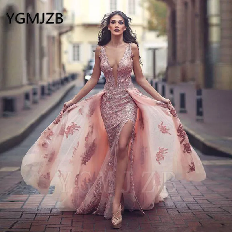 Sexy Backless Evening Dress Long V Neck Sleeveless Lace Beads Saudi Arabic Formal Dress Party Prom Gown Robe De Soiree