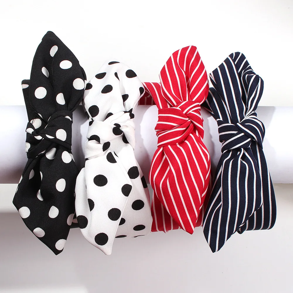 

Rabbit Ears Cloth Striped Print Wide Side Bow Headband Hair Hoop Fashion Ladies Dot Solid Hair Band For Girl Hair Accessories