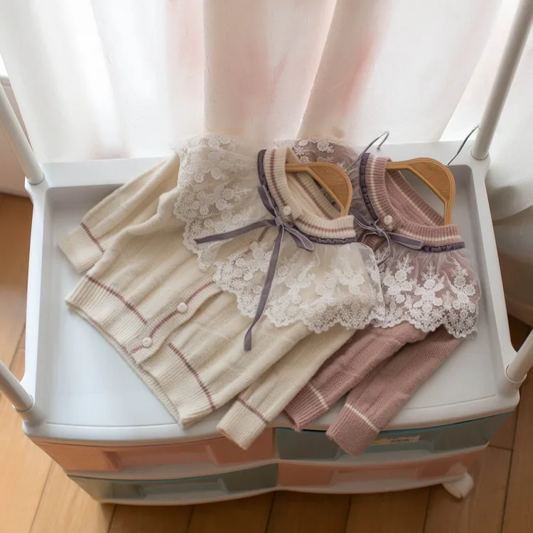 

Mmtkids 2019 Korean-style Childrenswear Kids' Sweater Girls Lace Collar Bow Cardigan Tops H612