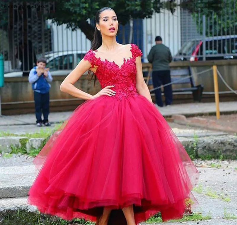 Jewel Sheer Neck 2017 Red Evening Dresses With Applique A-Line Prom Gowns Tiered Ruffle Custom Made Formal Party Dresses Tea-Length Elegant  146 (2)