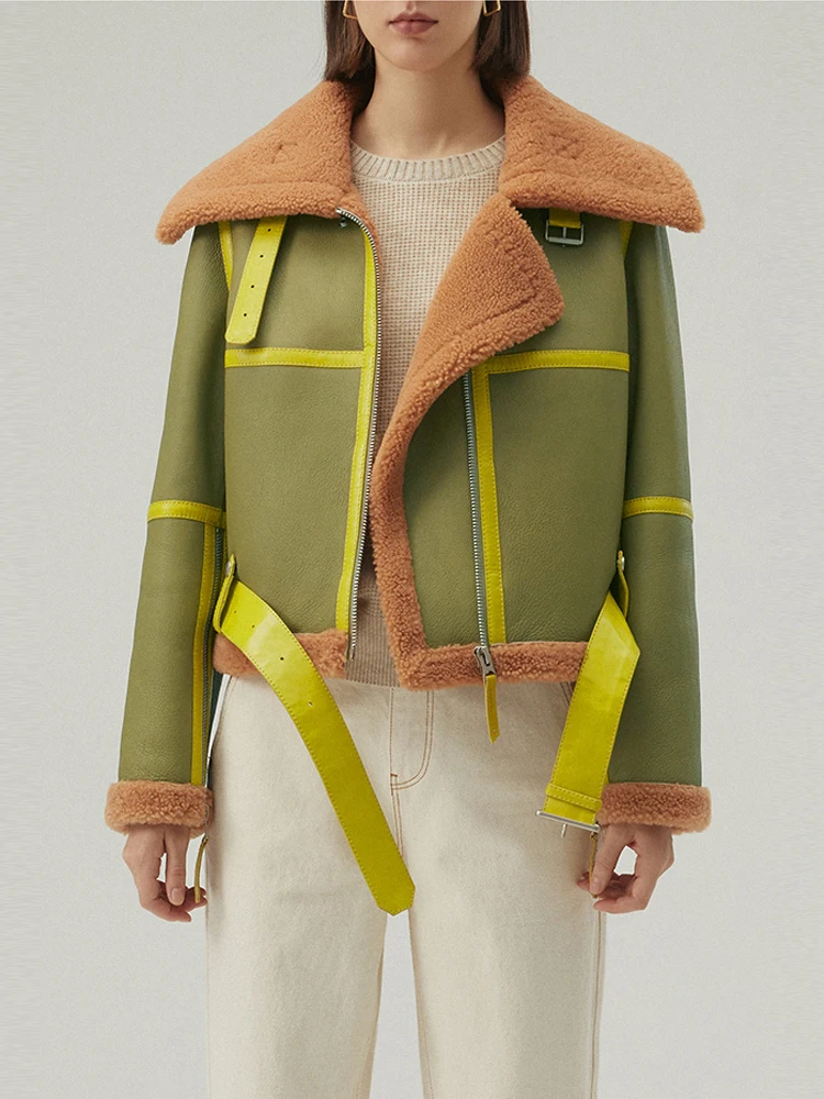2020 New Womens Shearling Coat Short Leather Jacket Winter Fur Fashion Motorcycle Green Bomber | Женская одежда
