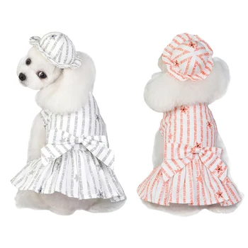 

Striped Dog Dress With Cap For Small Dogs Clothes Wedding Dress Spring Summer Puppy Lace Princess Dress Chihuahua Dog Skirts