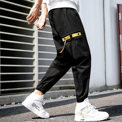 yellow and black Брюки карго мужские до щиколотки homme хип хоп стиль Брендовые брюки плюс размер M-4XL большие карманы черные буквы карго мужские брюки - Цвет: yellow and black
