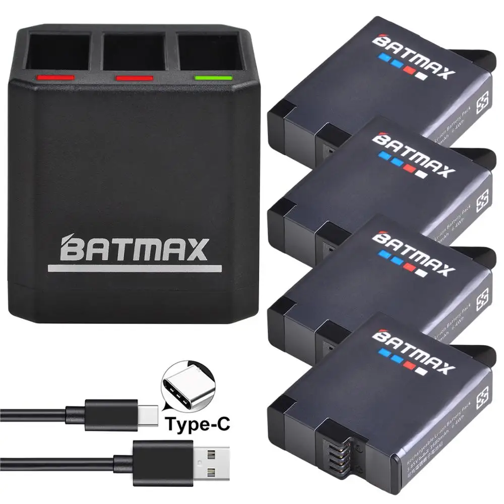 4 Pezzi Per Gopro Hero 8 Hero 7 Hero 6 Hero 5 Batteria Nera + Caricatore Triplo