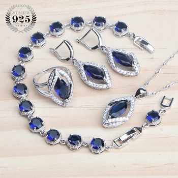 

Bridal Blue CZ Silver 925 Jewelry Sets For Women Stones Charms Bracelets Rings Pendant Wedding Necklace Earrings Set