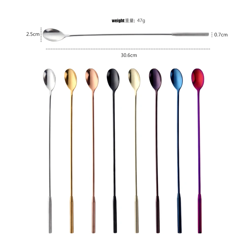 8Colors Mixing Cocktail Spoon Top Grade 201 Stainless steel Gold Silverware Tea-drop Spoons Stirring Spoon Bar Bartender Tools