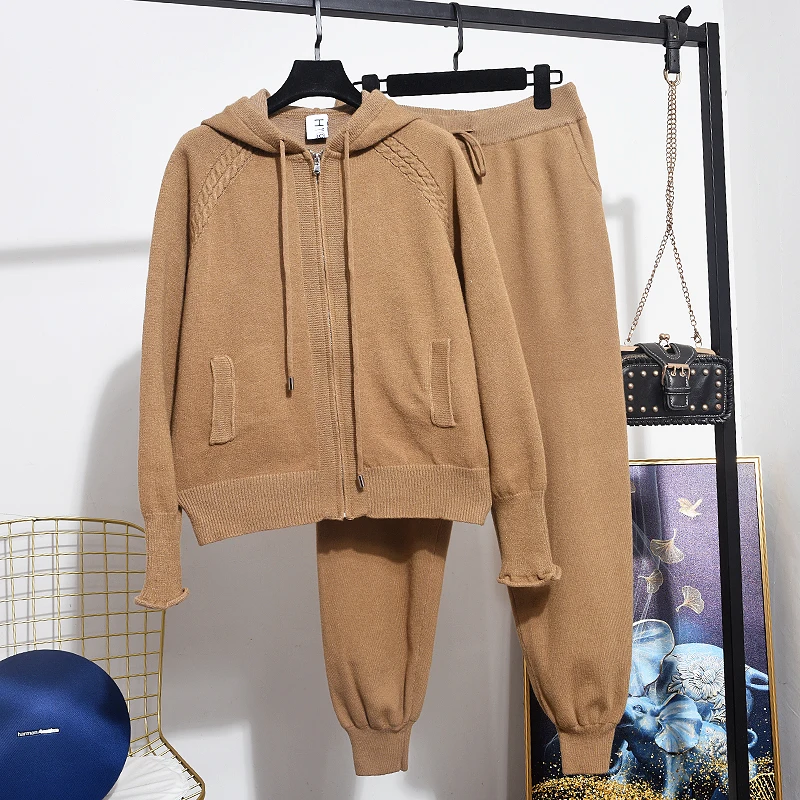 

Spring Autumn Casual Hooded Knitted Sweater Pencil Pants Women 2 Piece Set Loose Knit Cardigan Trousers Tracksuit Female Outfits