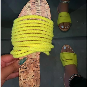 

Fashion sexy summer new plus size outdoor slippers Roman wind Solid color hemp rope straps flat bottom beach female slippers