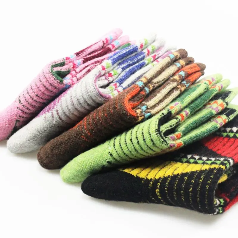 5 пар, женские носки унисекс для девочек, шерстяные теплые зимние толстые винтажные носки с геометрическим принтом