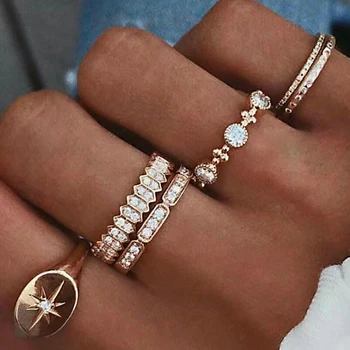 

6 Pcs/set New Bohemian Retro Rings Geometric Crystal Six-pointed Star Compass Pattern Rings For Women Wedding Ring Gift