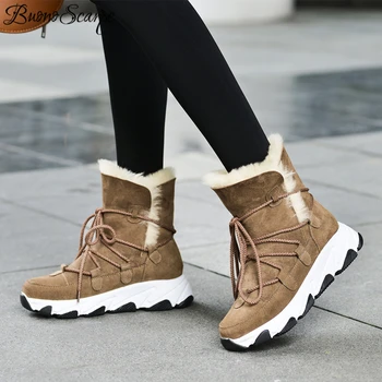 

Snow Boots Women Ankle Botas Mujer Real Leather Fur Winter Boots Warm Plush Snow Ankle Boots Platform Thick Bottom Causl Booties
