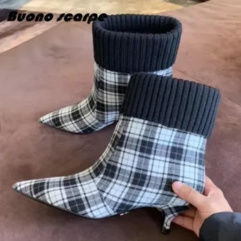 

2020Autumn Winter New Low-heeled Pointed Boots Grid Fabric Sexy Wool Sleeve Boots Ankle Boots Genuine Leather Heel Fashion Boot