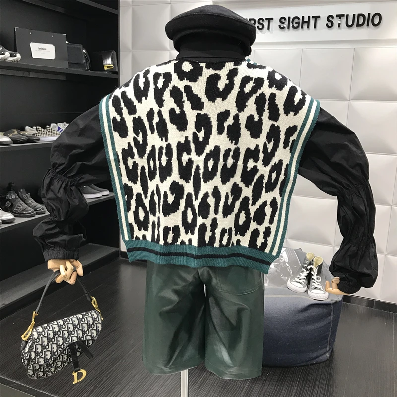 Осенняя модная женская новая леопардовая контрастная универсальная вязаная