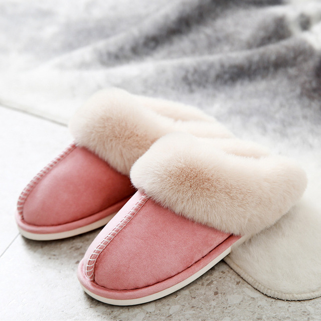 Faux Suede Home Women Full Fur Slippers Winter Warm Plush Bedroom Non-Slip Couples Shoes Indoor Ladies Furry Slippers