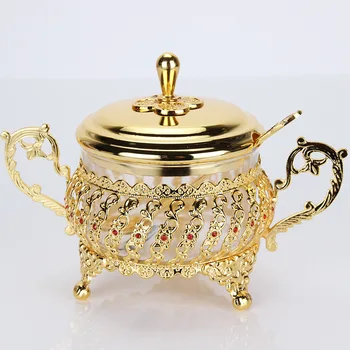 

Metal Kitchen Storage Bottles with Cover Luxury Gold Color Spices Box Glass Sugar Seasoning Bottle Condiment Salt Jars