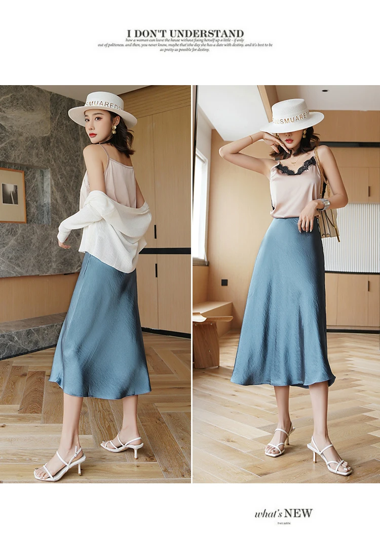 blue skirt Summer Korean Satin Woman Skirts Soild Silk Office Lady Pencil Skirt Green Midi Skirts for Women Vintage Mujer Faldas midi skirt