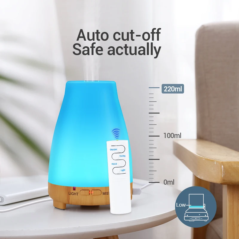 KBAYBO Essential Oil Diffuser 200ml Aroma Essential Oil Cool Mist Humidifier 7 Colors LED Light Cha
