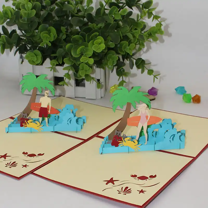 Papier Decoupe Origami Cocotier Et Plage Carte De Voeux Creatif 3d Surf Garcon Fille Dessin Anime Carte Cadeau A La Main Joyeux Anniversaire Carte Aliexpress