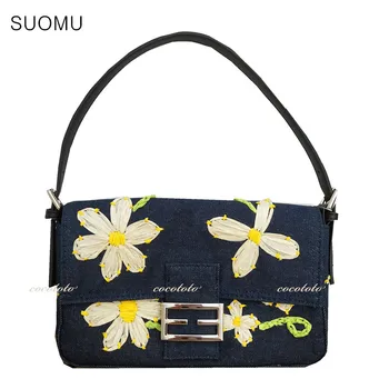 

Baguette bag women shoulder bag casual denim embroidery daisy flower totes handbag female ladies 2019 new