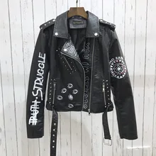 Jacket jacket ladies black PU rivet zipper epaulettes 3D printing motorcycle streetwear 2021 new autumn women's winter artificia