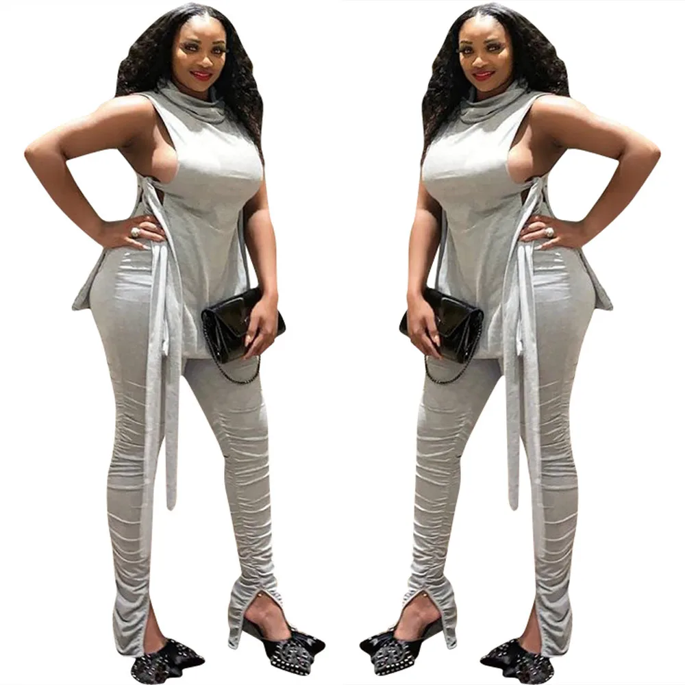 

Women 's Casual Solid Color Bandage Two Piece Set Turtleneck Pullover Elastic Waist Full Length Sleeveless Polyester Regular