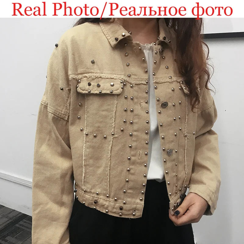 

Autumn Women Harajuku Rivet Jacket Coat Short Black Jeans Jacket Basic Coats Outfit Long Sleeve Outwear Motor Streetwear Jackets