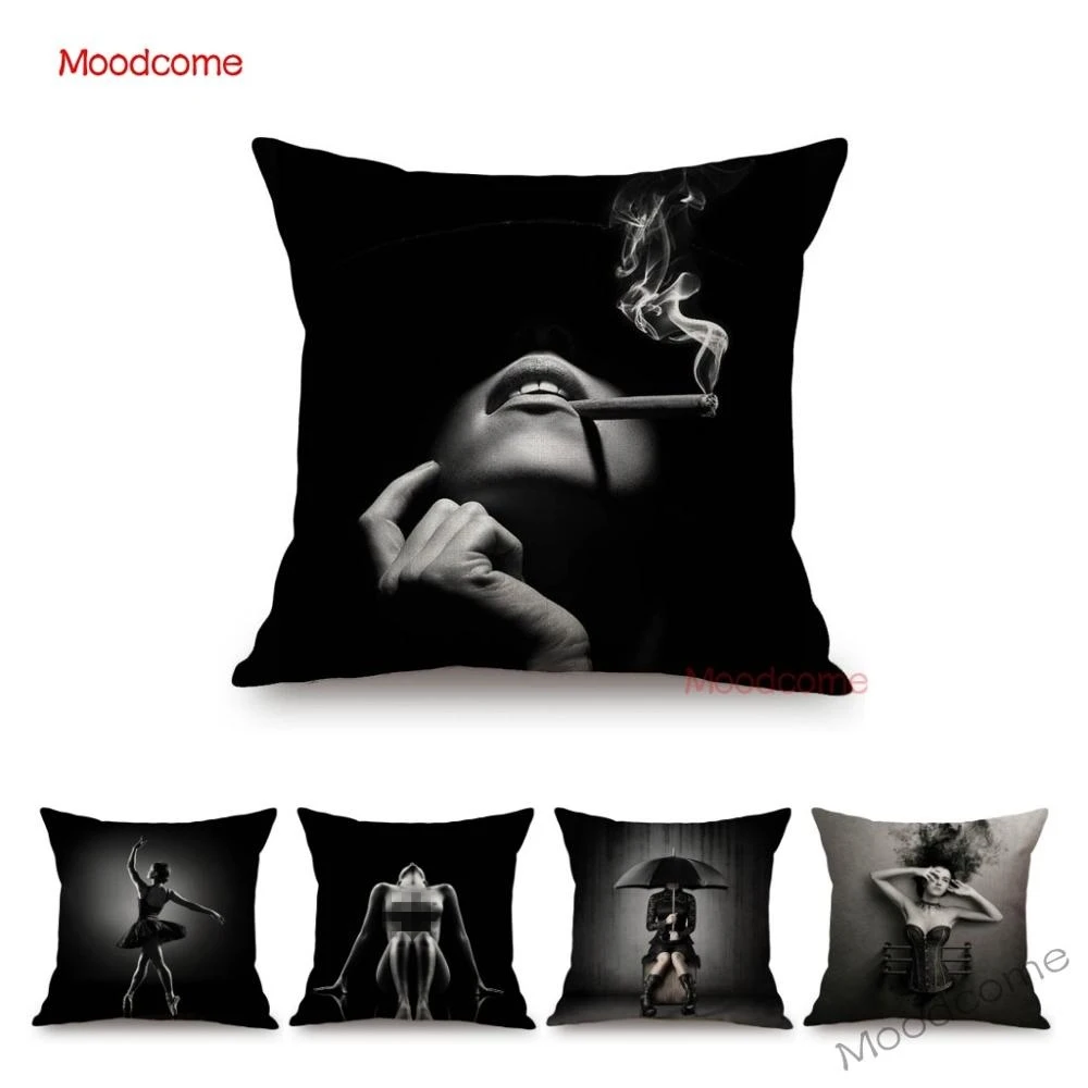 

Black Elegant Sexy Nude Woman Fashion Lady Home Decorative Art Sofa Pillow Case Nordic Modern Art Sexy Linen Cushion Cover Case