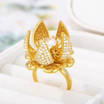 

New Crystal Rings For Women Adjustable Finger Wedding Flower Stainless Steel Ring Gold Zircon Open Glamour Luxury Jewelry Gift