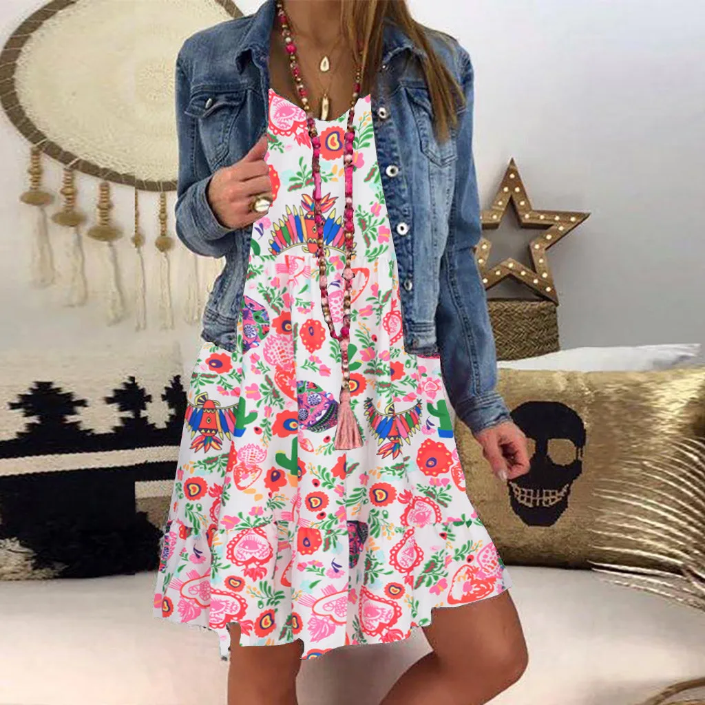 

feitong robe soiree femmerobe ceremonie femme Women's Dress Ladies Plus Size Loose Print Long Sleeve O-neck knee length Dress