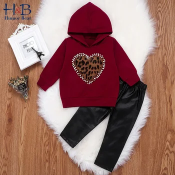 

Humor Bear Autumn &Spring Girls Kids Clothing Toddler Leopar Hooded Sweater+ Leather Trousers 2PCS Suit Children Clothes Sets